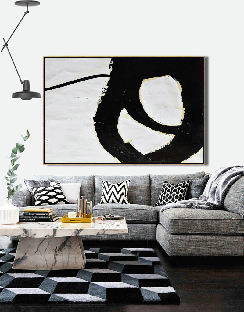 Large Oil Canvas Art,Horizontal Palette Knife Minimal Canvas Art Painting Black White Beige - Acrylic Painting Wall Art